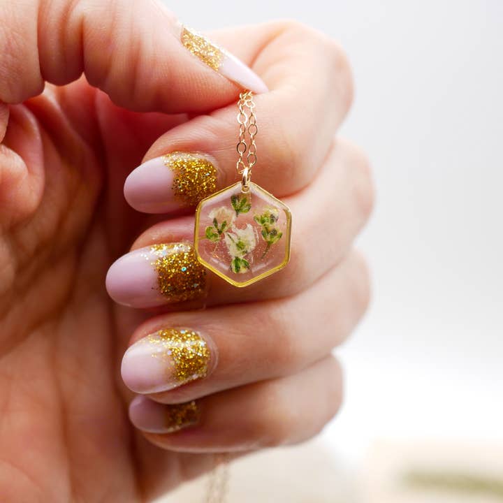 Tiny Baby's Breath Hexagon Necklace for wholesale by Remedy Designs