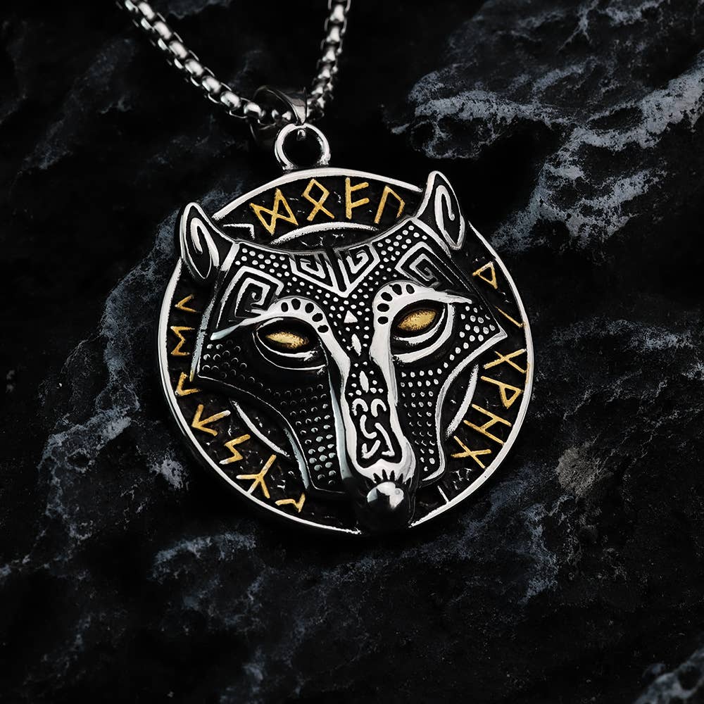 Gemcohub - Wholesale Pendant/Charm Necklace - Nordic Viking Stainless Steel Rune Wolf Head Necklace5