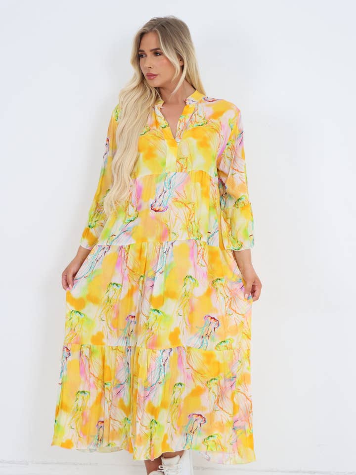 Miss Bold - Wholesale Dress - Women's - Italian Pastel Watercolour Abstract Print Tiered 3by4 Sleeve Maxi Dress1