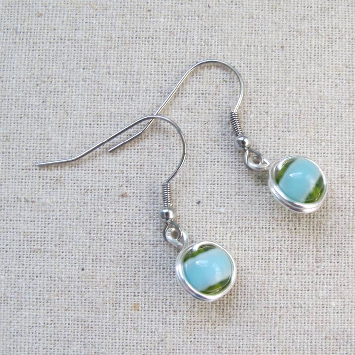 Robin's Egg Blue with Green Dangle Stainless Steel Earrings for wholesale by Crystal McMaster Jewellery Designer