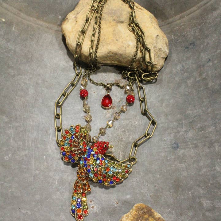 Gracefully Soaring Red Bird Layered Necklace for wholesale by The Primitive Peddler, Inc.