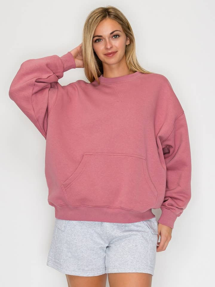 Oversized Crewneck Pullover with Kangaroo Pocket for wholesale by Pink Irene Wholesale