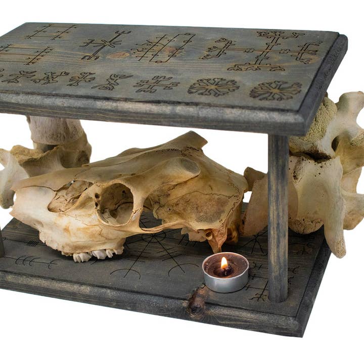 Mausoleum Altar with Detachable Deer Skull and Icelandic Magical Staves for wholesale by Oreamnos Oddities