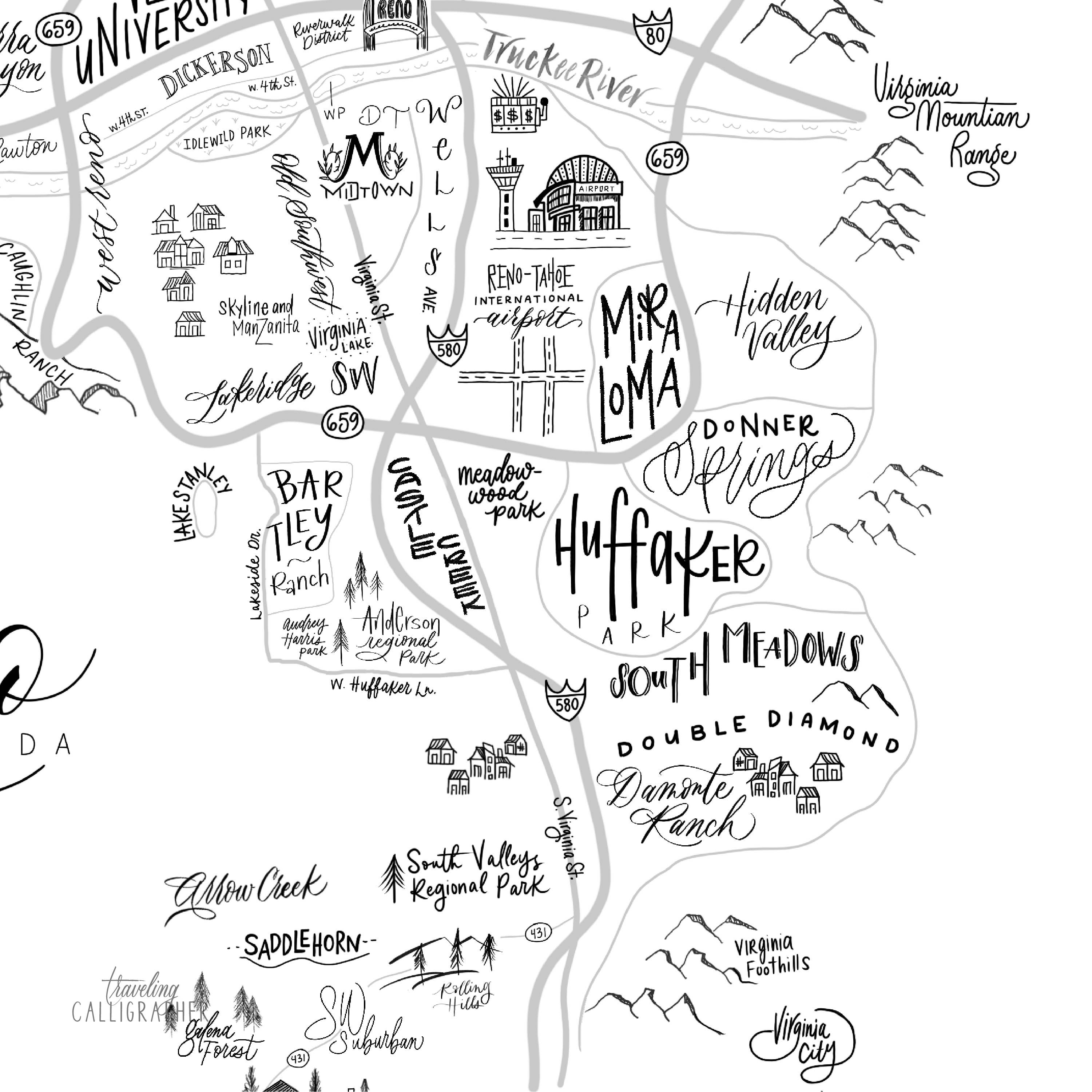 Traveling Calligrapher – Großhandel Kunstdruck – Reno, NV Neighborhood Kartendruck (3 Größen erhältlich)5