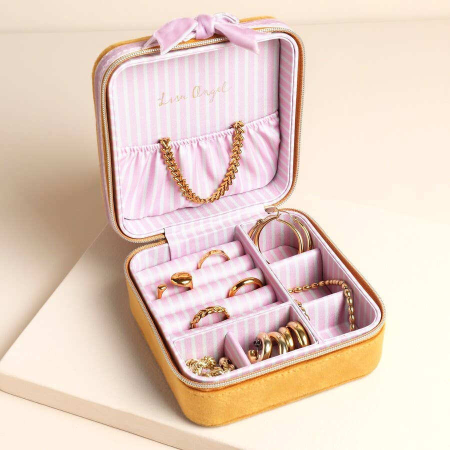 Lisa Angel - Wholesale Jewellery box/organiser - Mustard and Pink Velvet Bow Square Travel Jewellery Case2