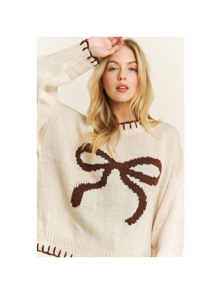 Sweet Generis - Wholesale Knit Sweater - Women's - HOLIDAY BIG BOW SWEATER PULLOVER WITH CONTRAST EDGE STITCHES