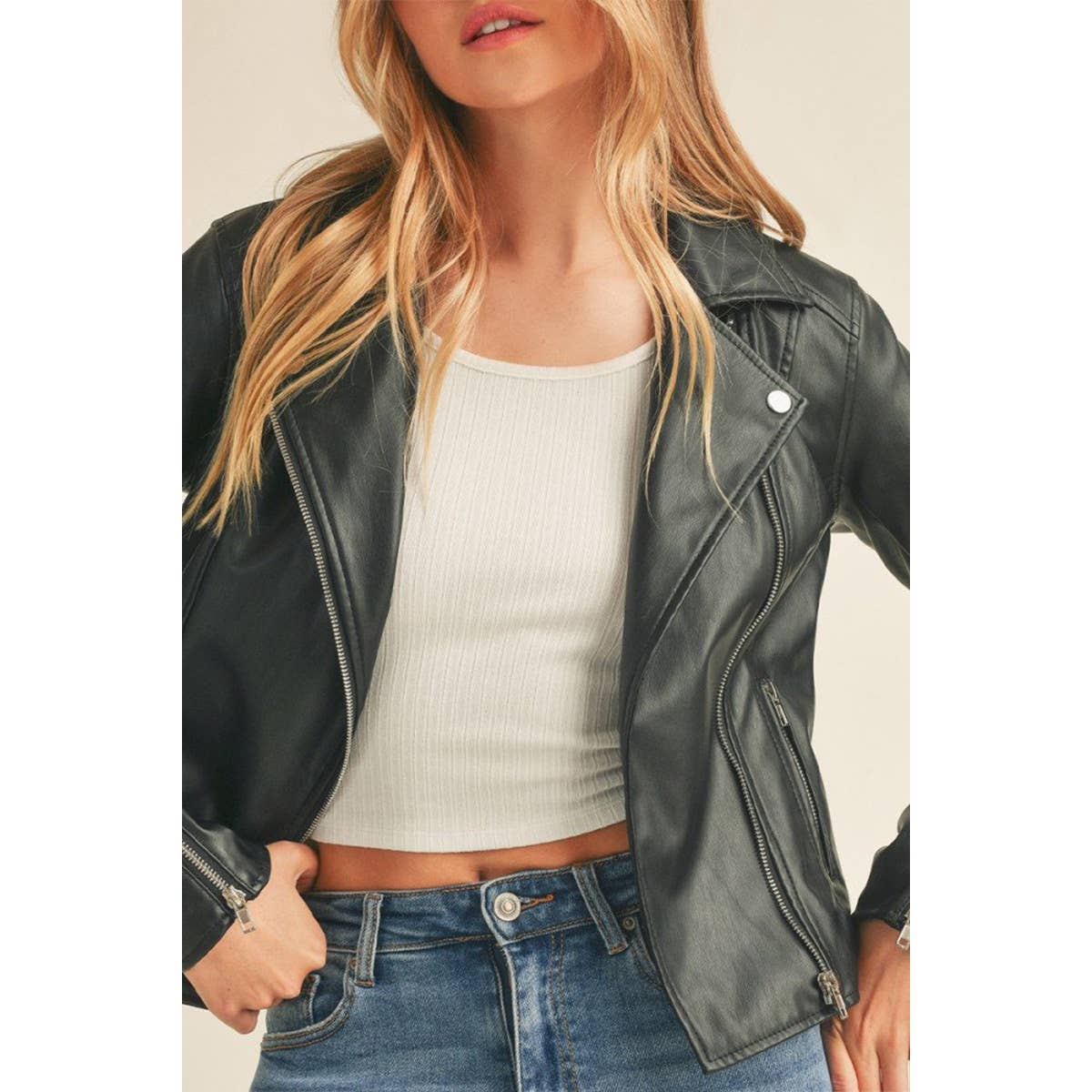 UP CLOTHING - Wholesale Leather Jacket - Women's - Biker PU Faux Leather Jacket3