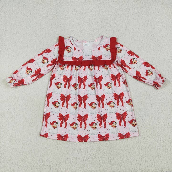 Baby Girls Long Ruffle Sleeves Red Santa Bows Knee Length Dresses for wholesale by Aier Wholesale