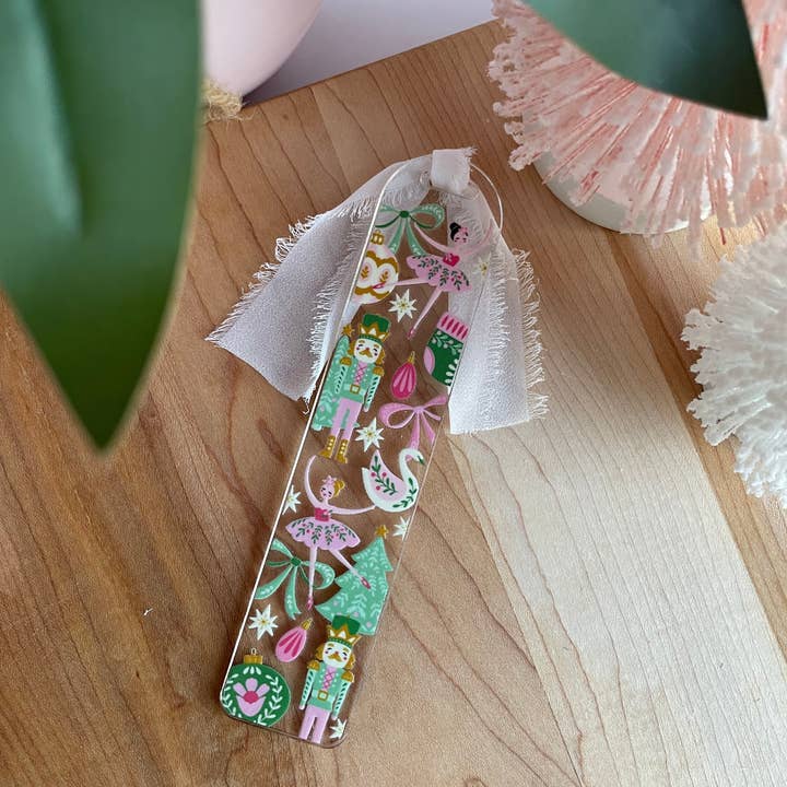 DesignedbyKendal - Wholesale Bookmark - Beautiful Nutcrackers and Ornaments Clear Acrylic Bookmark with Chiffon Ribbon1
