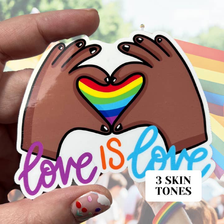 3 Skin Tones - Love is Love Heart Hands Glossy Vinyl Sticker for wholesale by familiar sadie
