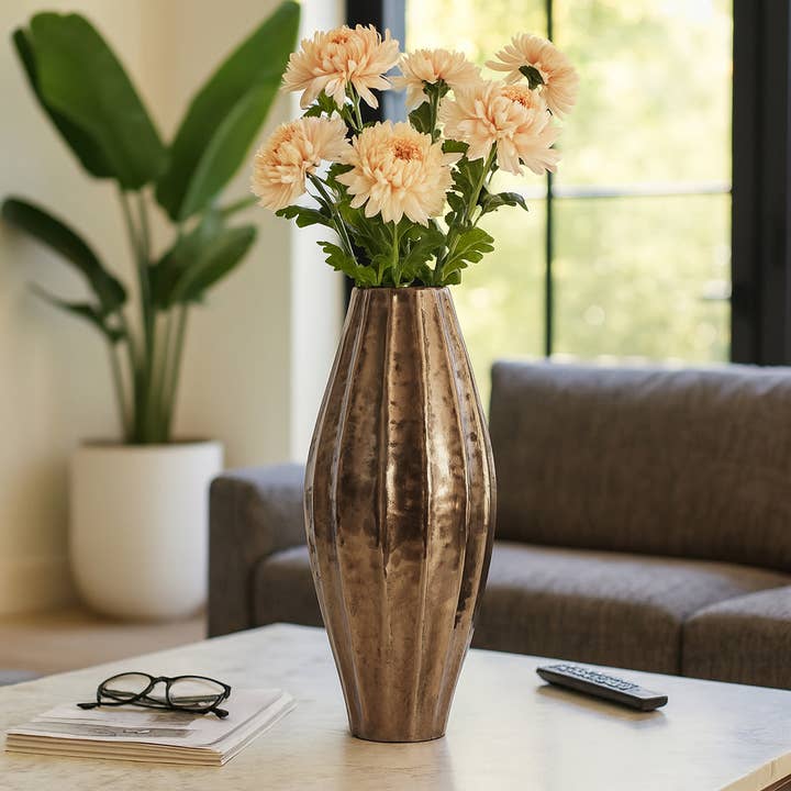 Decorative Vase - Gold Metal Ribbed Centerpiece, 27 in. for wholesale by Elevarre