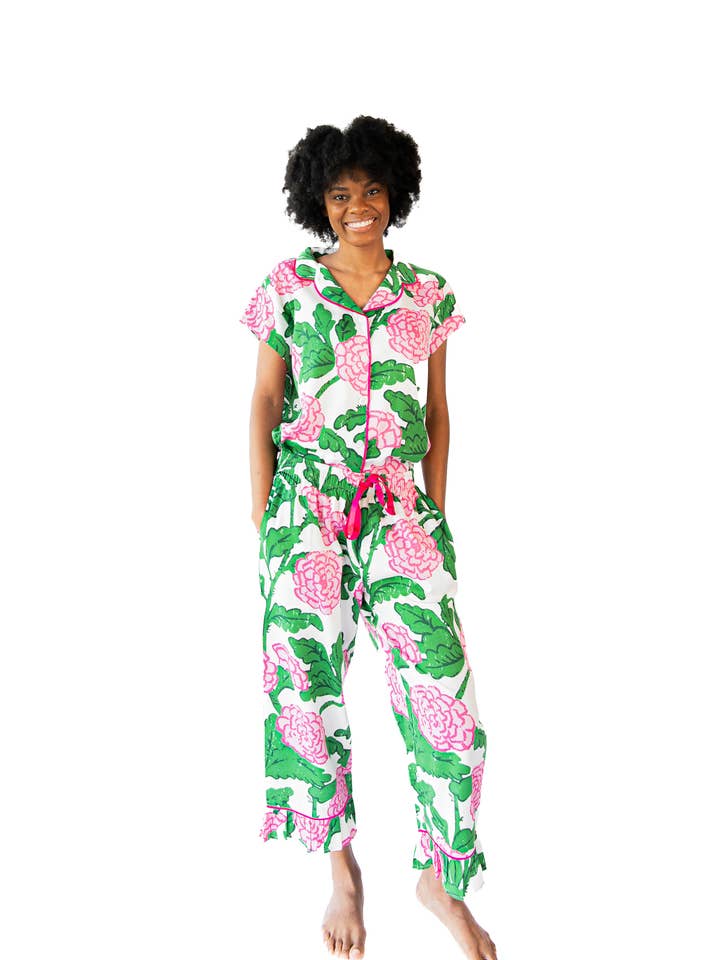 Ophelia Luxe Sateen Capri Pajama Set - Pink & Green for wholesale on Faire2