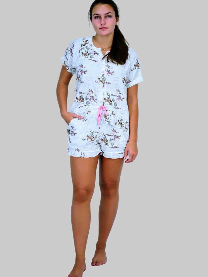 Lasso Lady Western Pajama Short Set - Hi-Lo Top & Ruffle Shorts | Imbali Charleston for wholesale by Imbali Charleston