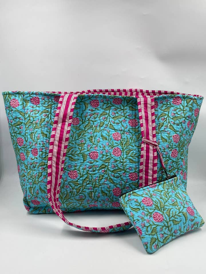 Sac fourre-tout bohème matelassé Kantha 100 % coton avec porte-monnaie pour la vente par Funky Yak Ltd