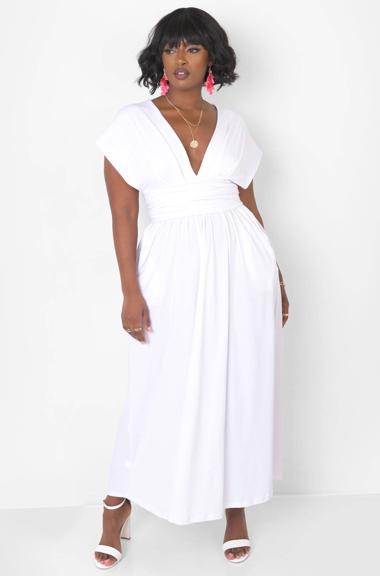 White Dreamy Sleeveless V Neck Multiway Skater Maxi Dress W. Pockets for wholesale on Faire2