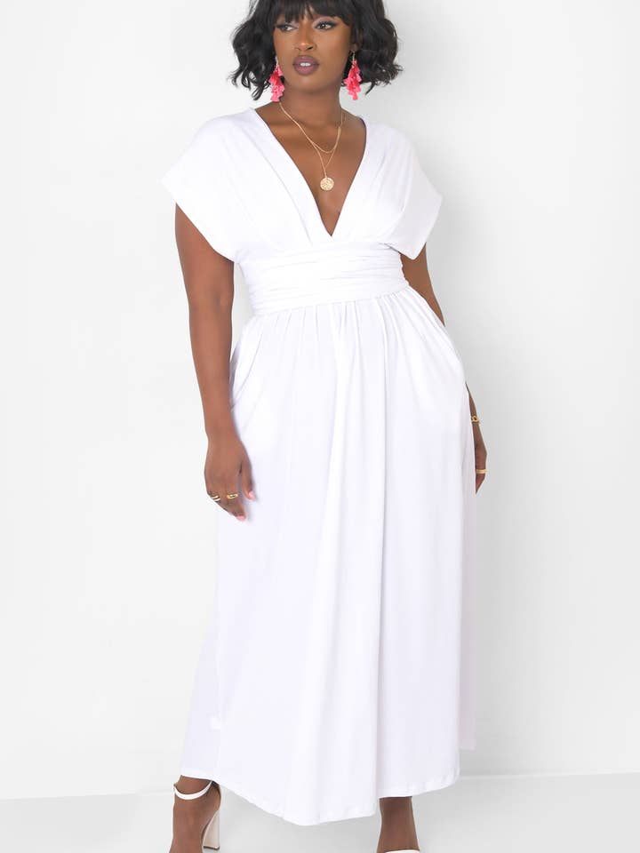 White Dreamy Sleeveless V Neck Multiway Skater Maxi Dress W. Pockets for wholesale on Faire2