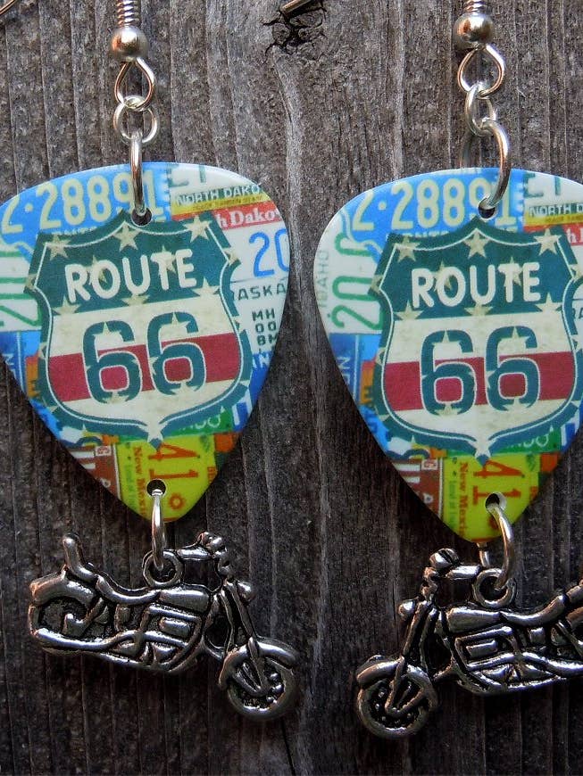 Route 66 Guitar Pick Earrings with Motorcycle Charm Dangles for wholesale by Simply Raevyn