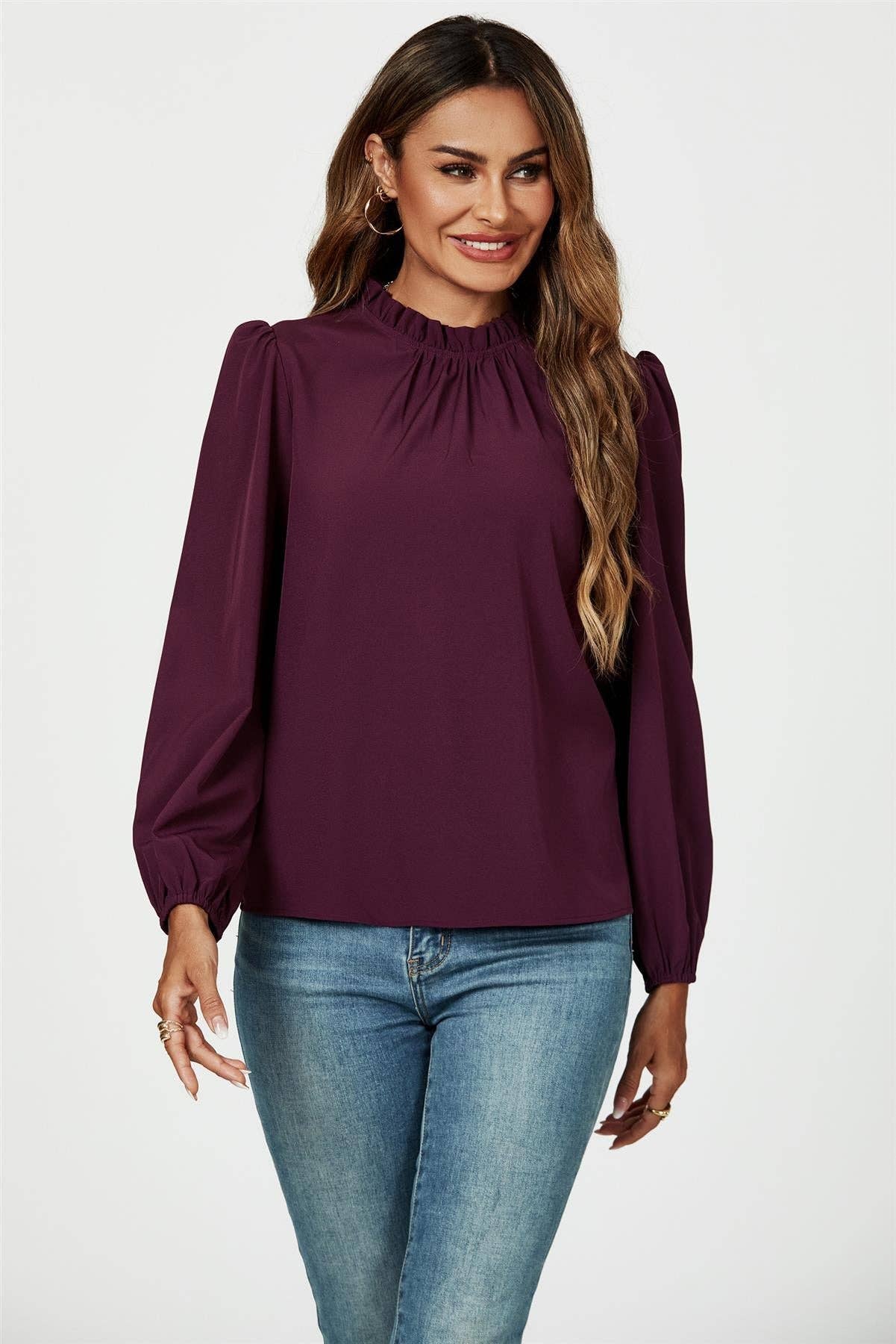 Frill Detail High Neck Top In Plum for wholesale on Faire3