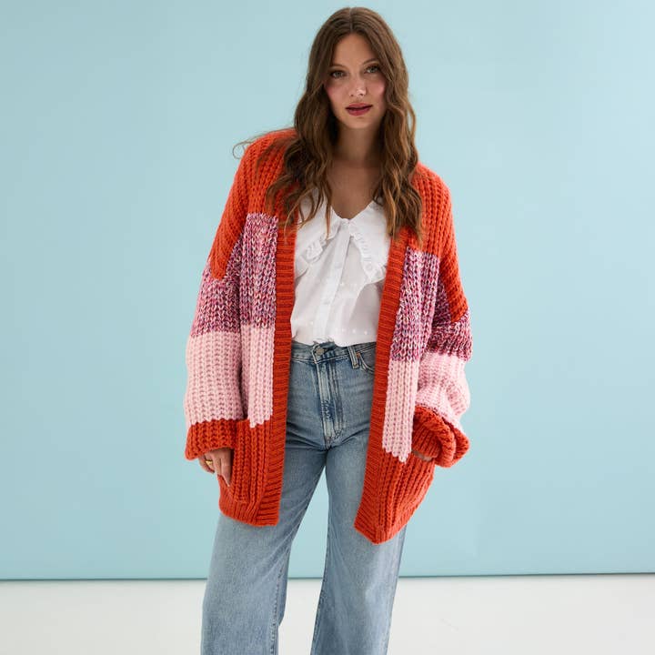 Cara & The Sky - Wholesale Cardigan - Women's - Janie Oversized Chunky Stripe Cardigan - Orange6