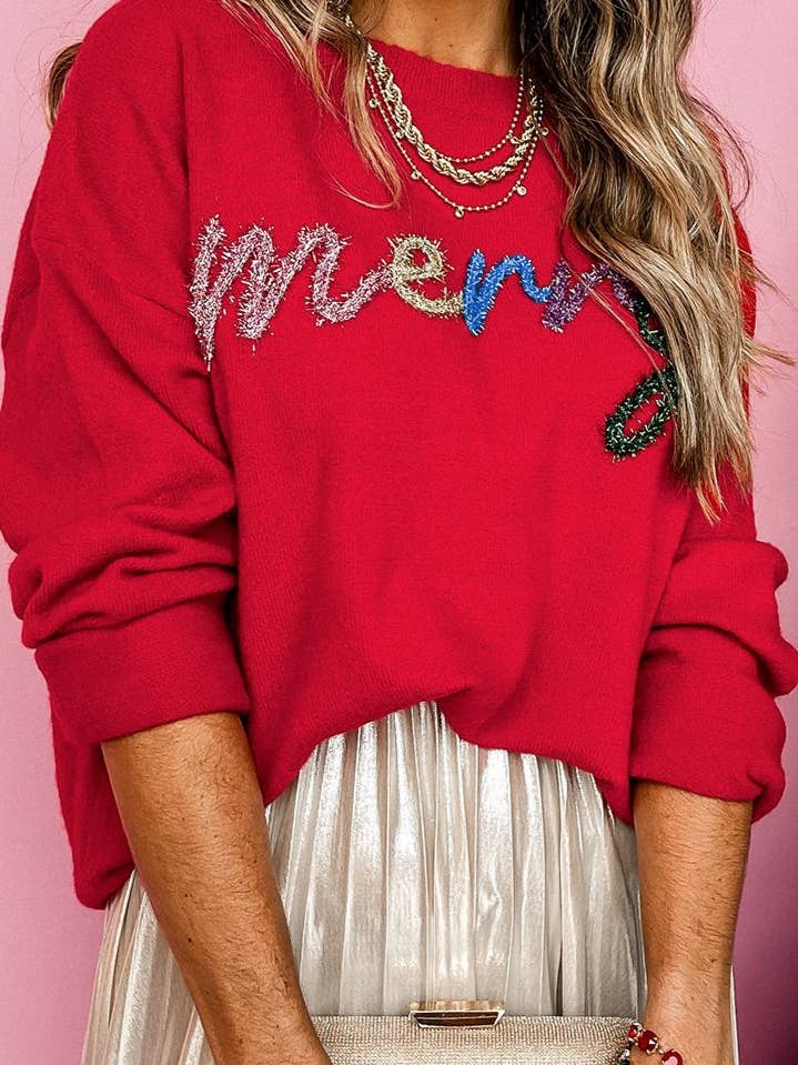 Fiery Red Merry Tinsel Long Sleeve Sweater for wholesale on Faire