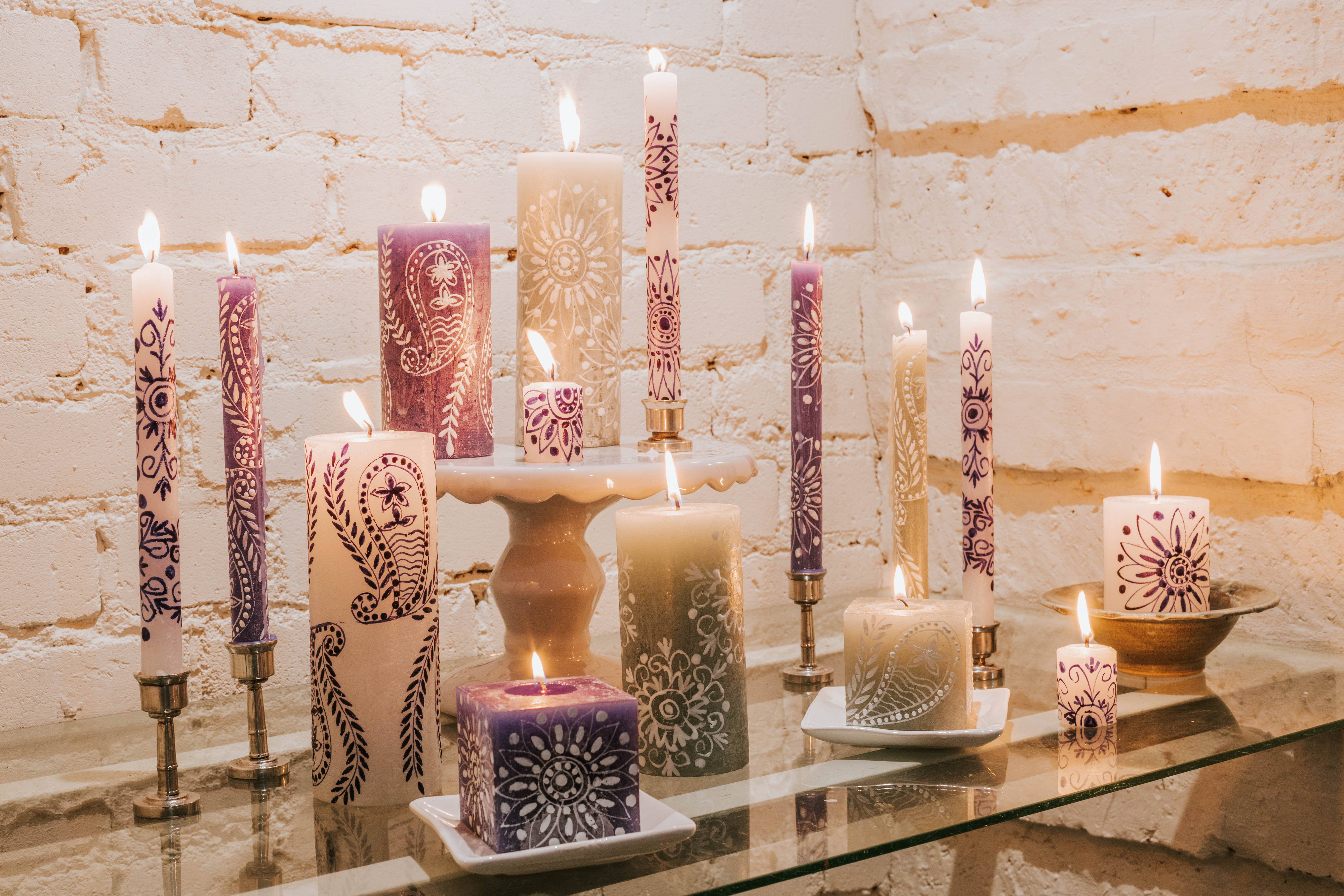 Thumbprint Artifacts - Wholesale Tapered Candle/Candlestick - Henna Blue on White Candle10