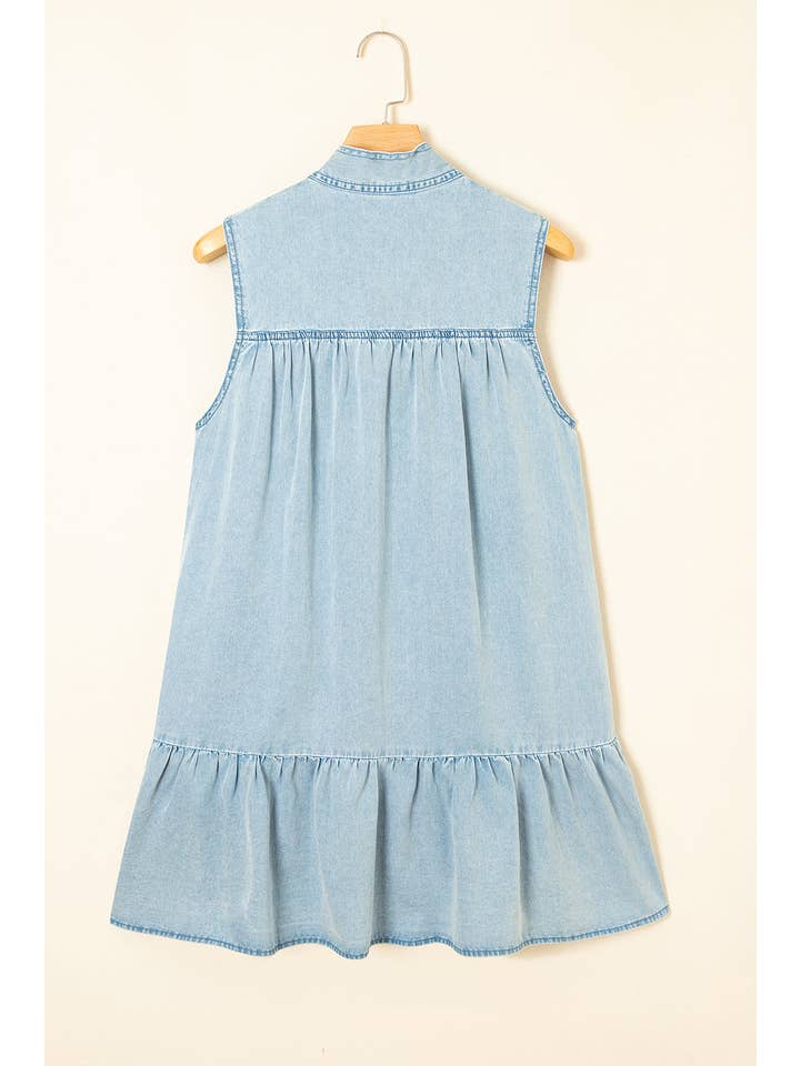 PRETTY BASH - Wholesale Dress - Women's - Chambray Bow Neck Sleeveless Ruffle Dress10