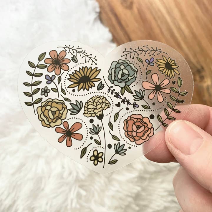 CLEAR Floral Heart Sticker, 3.5 x 2.67 in for wholesale by Jenny Provo Designs