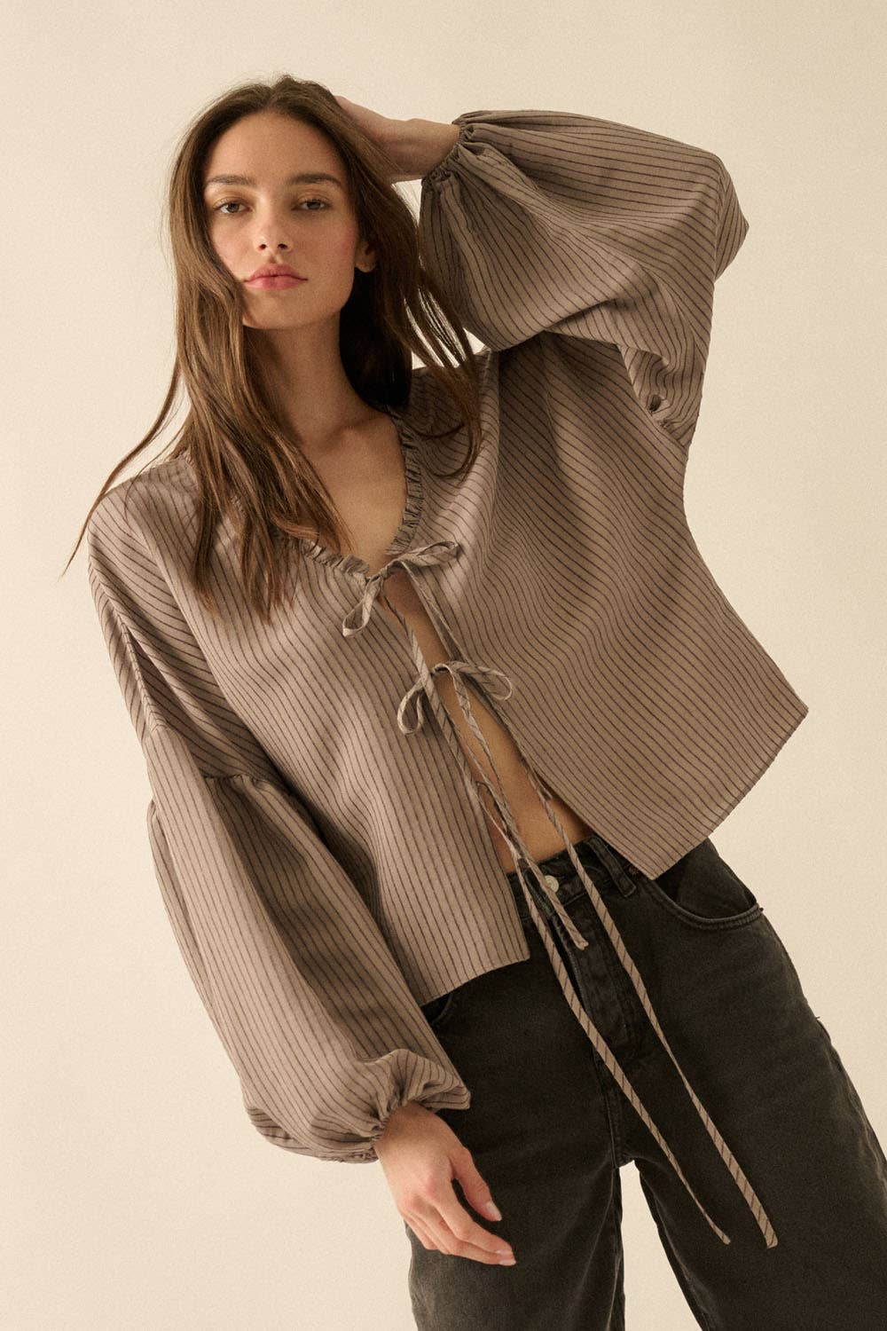 Promesa USA - Wholesale Blouse - Women's - Tonal-Stripe Tie-Front Balloon-Sleeve Top6