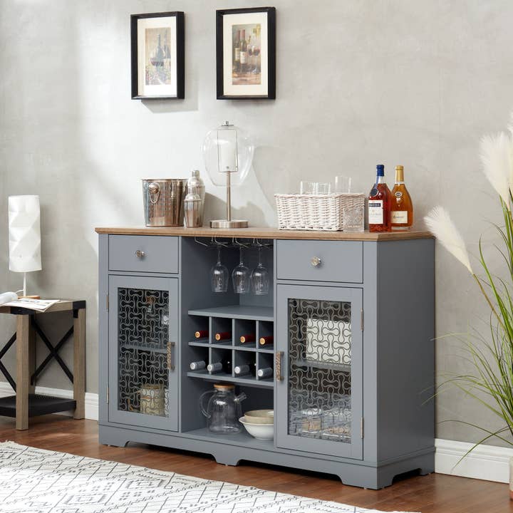 Orange County Decor - Wholesale Cabinet - Modern Farmhouse Buffet Cabinet, Sideboard With 2 Drawers And Elegant Glass Door Cabinets, Wine And Glass Rack, Coffee Bar For Kitchen, Dining Room, Light Blue And Light Oak, 56.46"W*15.55"D*35.74"H6