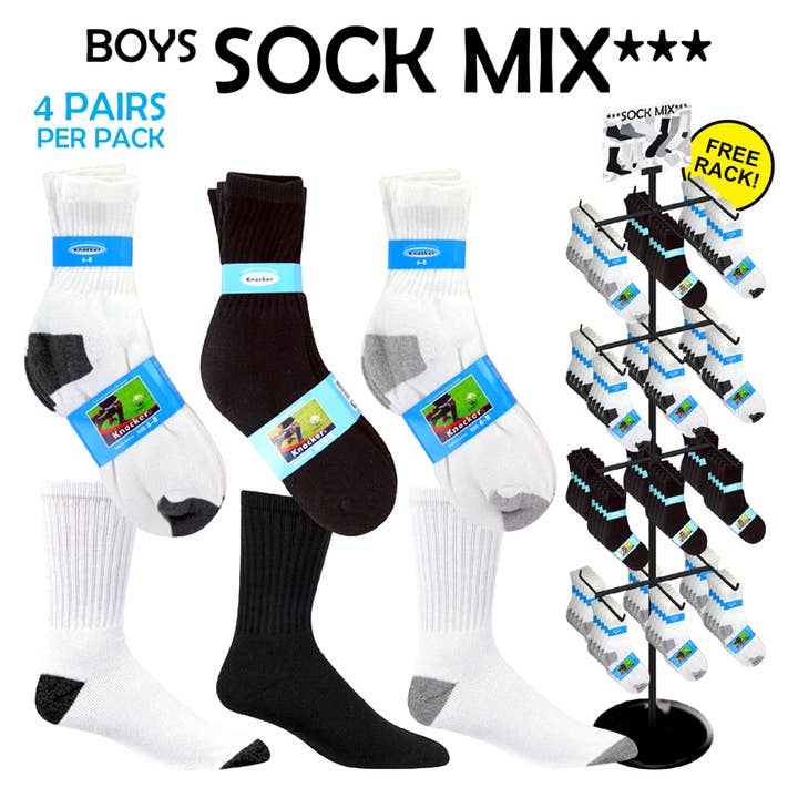 Deluxe Import Trading - Wholesale Socks - Kids - 108pc 4 pack Boys Crew Sock Display