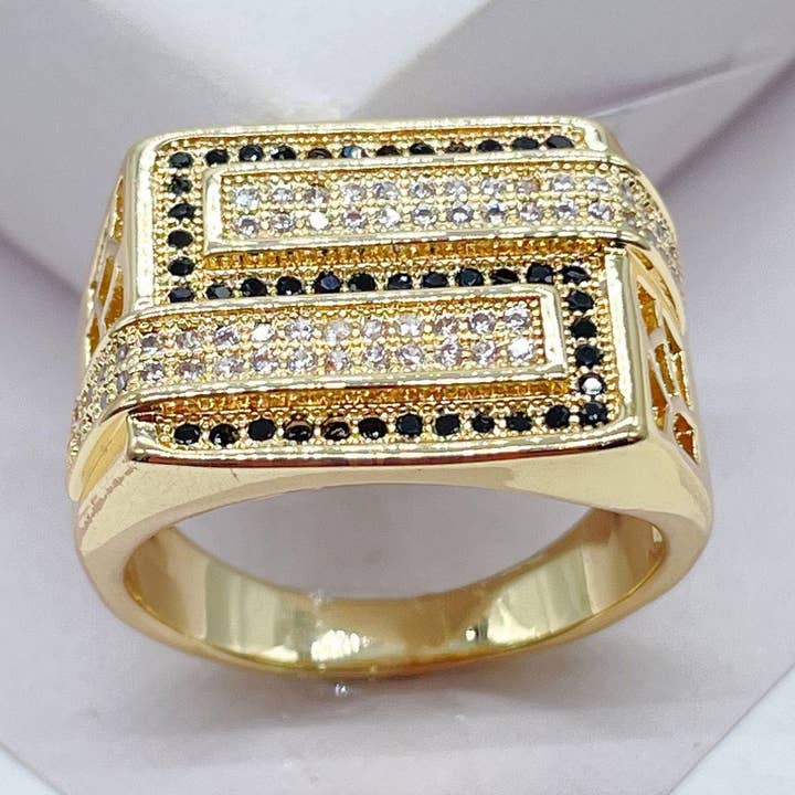 18k GF Herrenring mit weißen und schwarzen Mikro-Zirkonen für den Großhandel von Milie