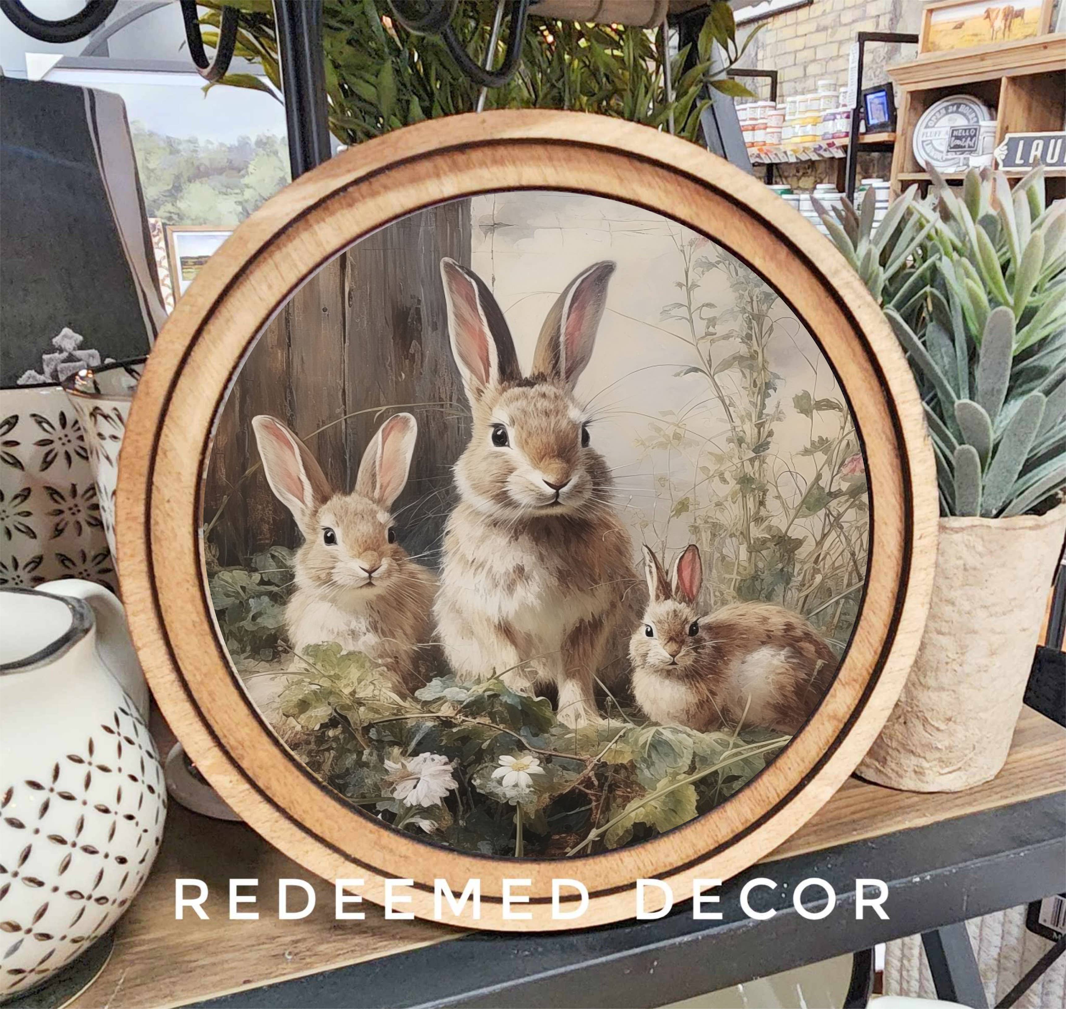 8" Round Bunny Trio Art for wholesale by Redeemed Decor