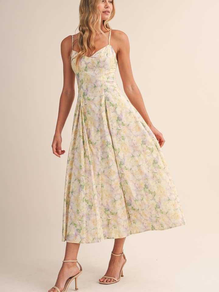 ID10122-A FLORAL PRINTED SLEEVELESS PLEATED MIDI DRESS for wholesale by Klesis