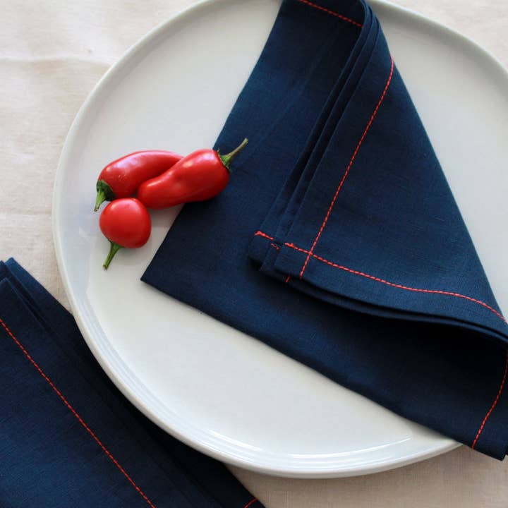 My Kitchen Linens - Wholesale Dinner & Cloth Napkin - Navy Linen Napkins with Red Stitch, Set of 41