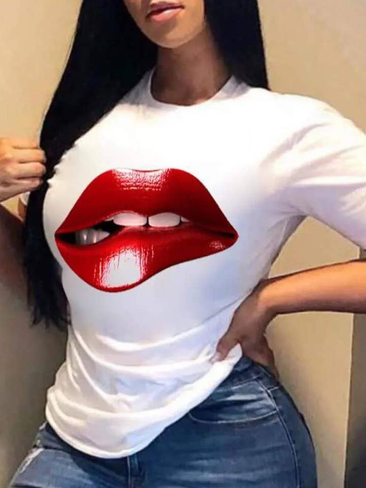 lip print short sleeve casual t shirt for wholesale by Queen Fashion