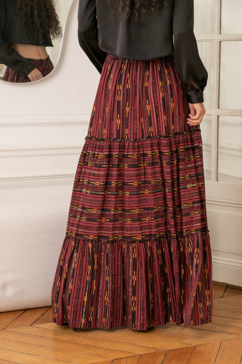 BURGUNDY Long skirt printed with LUREX, embroidered with sequins and serrab for wholesale on Faire1