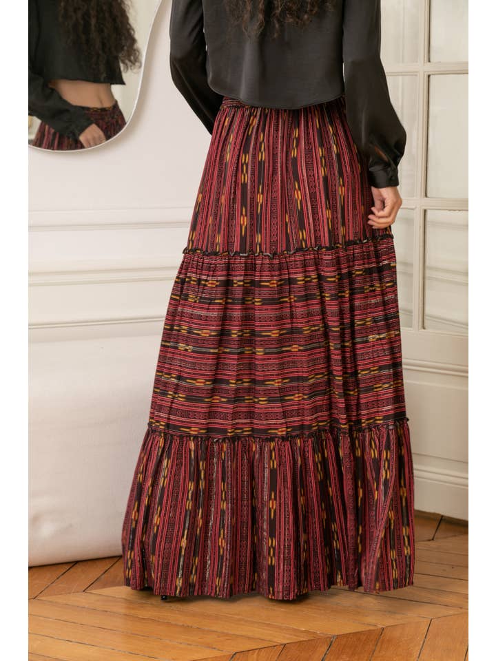 BURGUNDY Long skirt printed with LUREX, embroidered with sequins and serrab for wholesale on Faire1