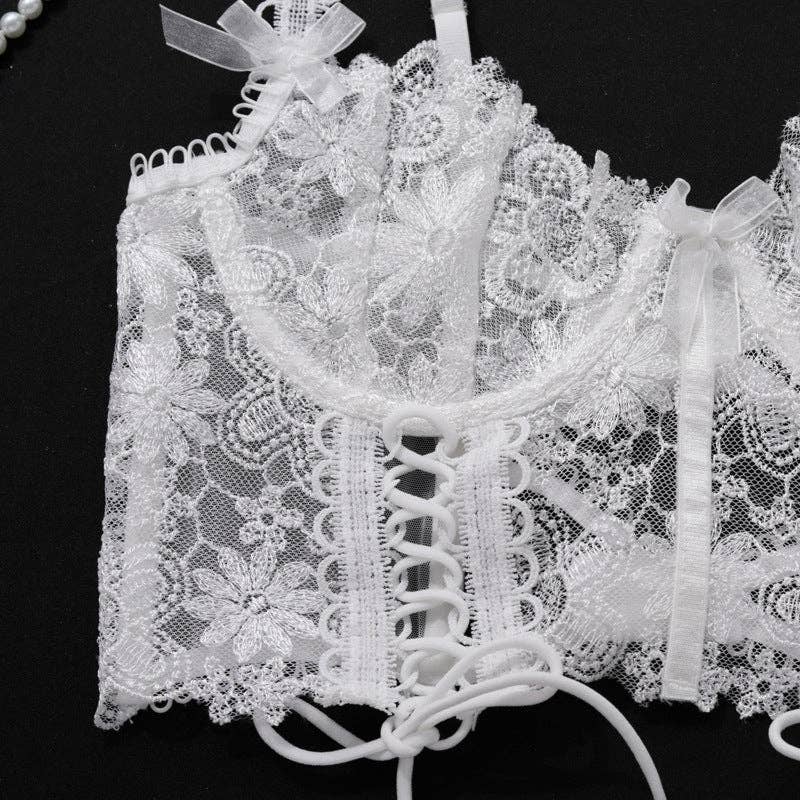 Hvid Damer Blomstret Broderi 2-delt Lingeri Korsetsæt SKLG4101 for engroshandel på Faire7