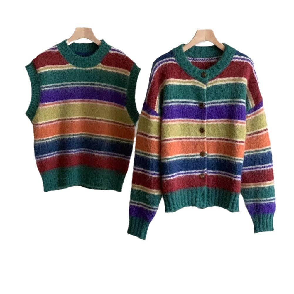 Marayn - Wholesale Cardigan - Women's - Retro Rainbow Stripe Knit Cardigan Cozy  Chic21