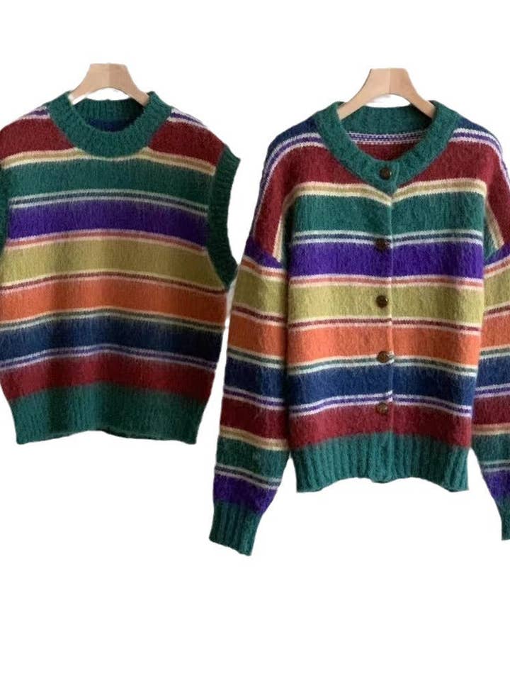 Marayn - Wholesale Cardigan - Women's - Retro Rainbow Stripe Knit Cardigan Cozy Chic21