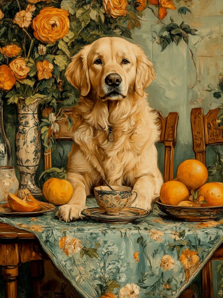 Golden Retriever at Tea - Pet Dog Still Life Wall Art Prints – 8″x10″ Artwork for 11″x14″ Frame for wholesale by Mowbi