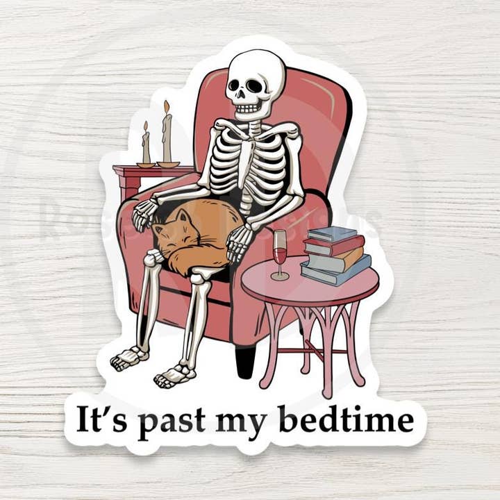 Past My Bedtime Skeleton Cat Sticker: Funny Spooky Vinyl Sticker for wholesale by Roseish Designs