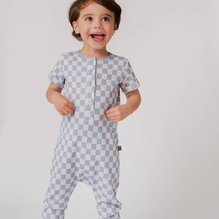 RAGS - Wholesale Jumpsuit - Baby - Rag Romper - Blue Check Waffle5
