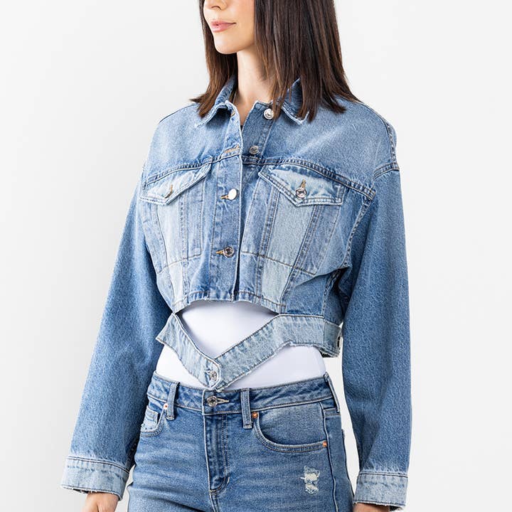 TWO TONE HEM DETAIL CROPPED DENIM JACKET, SI268-SP4 for wholesale by Someday
