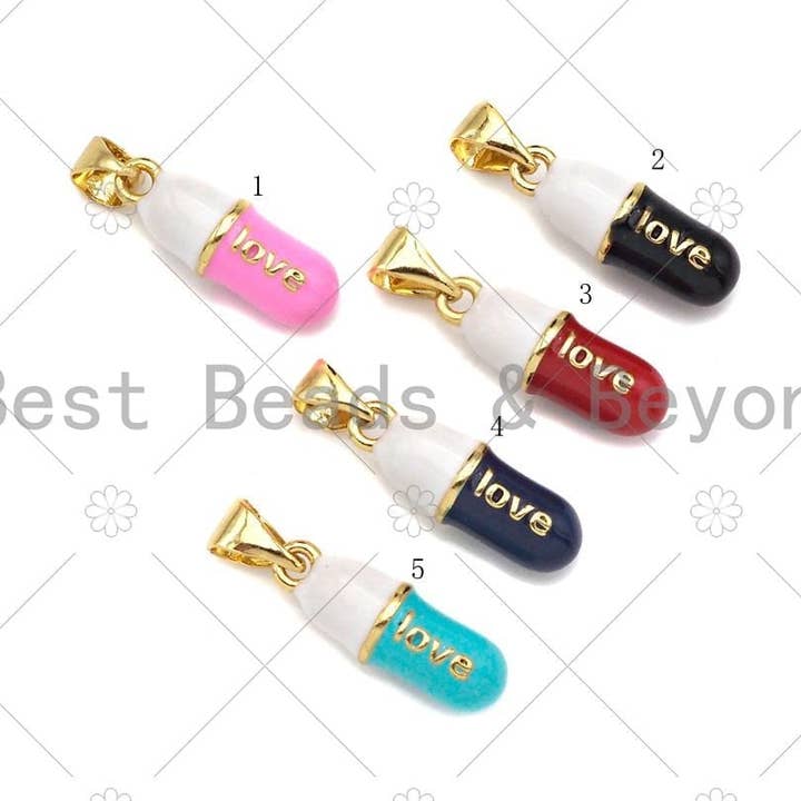 Enamel Colorful Pill Shape Pendant Chaem,Love Word Pink Turquoise Black Cobalt Red Enamel Jewelry,6x17mm,Sku#LK285 for wholesale by BestBeads&Beyond