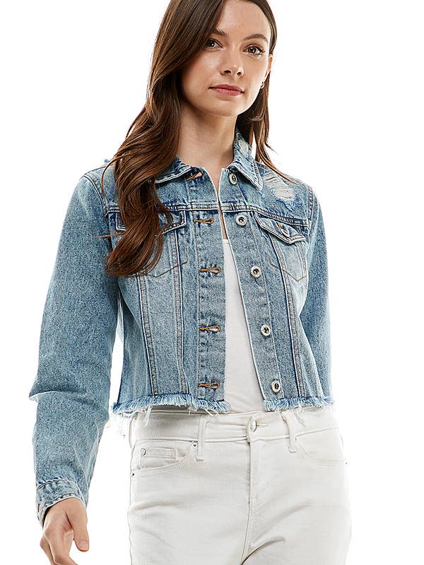 Ladies' Cropcut Denim Jacket with Distressed, JK-4010 for wholesale by BLUE AGE