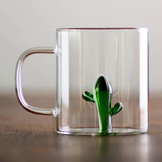 Glass Tea Mug with 3D Glass Cactus on the Bottom for wholesale by Our Dining Table