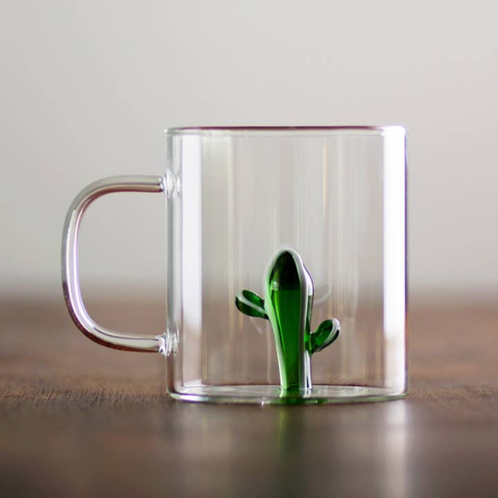 Glass Tea Mug with 3D Glass Cactus on the Bottom for wholesale by Our Dining Table