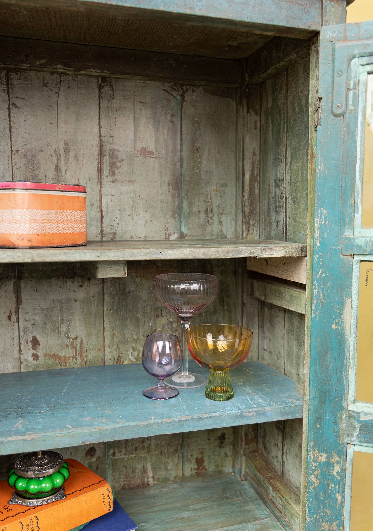 Namaste – wholesale Cabinet – Distressed Vintage Teal Wood & Glass Door, 3 Shelf Cabinet3