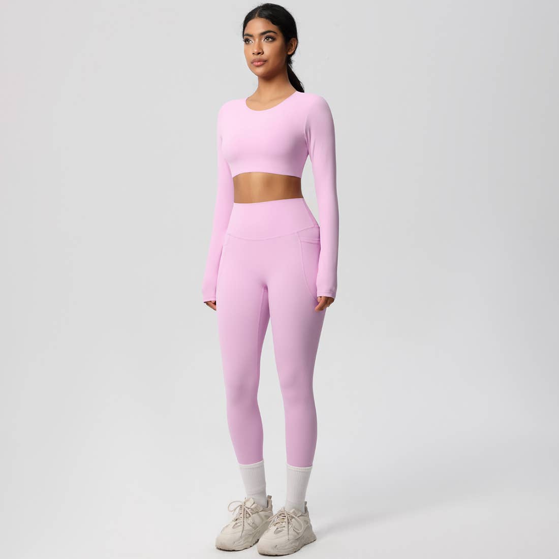 Sodalemon - Wholesale Activewear Set - Women's - Women High-Waist Yoga Set:Cropped Long Sleeve Top + Leggings23